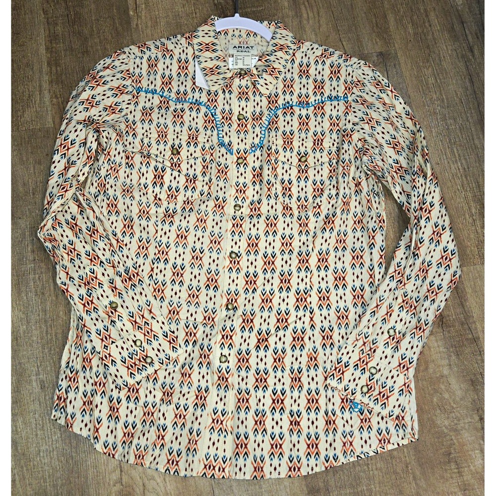 Ariat REAL Women's M Western Snap Long Sleeve Geometric Shirt Beige Pockets